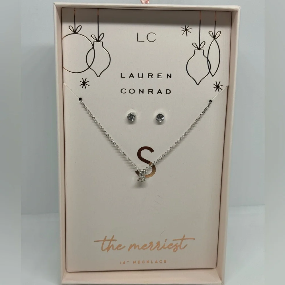 Box Set Silver Tone Crystal Initial “S” Pendant Necklace and Studs - Picture 3 of 5
